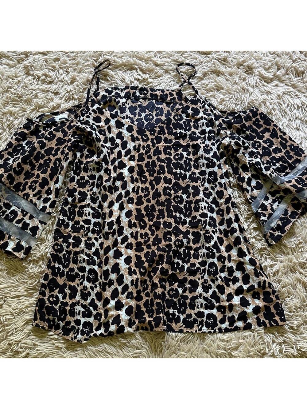 Plus Size 2XL Leopard Print Cold Shoulder Blouse with Bell Sleeves